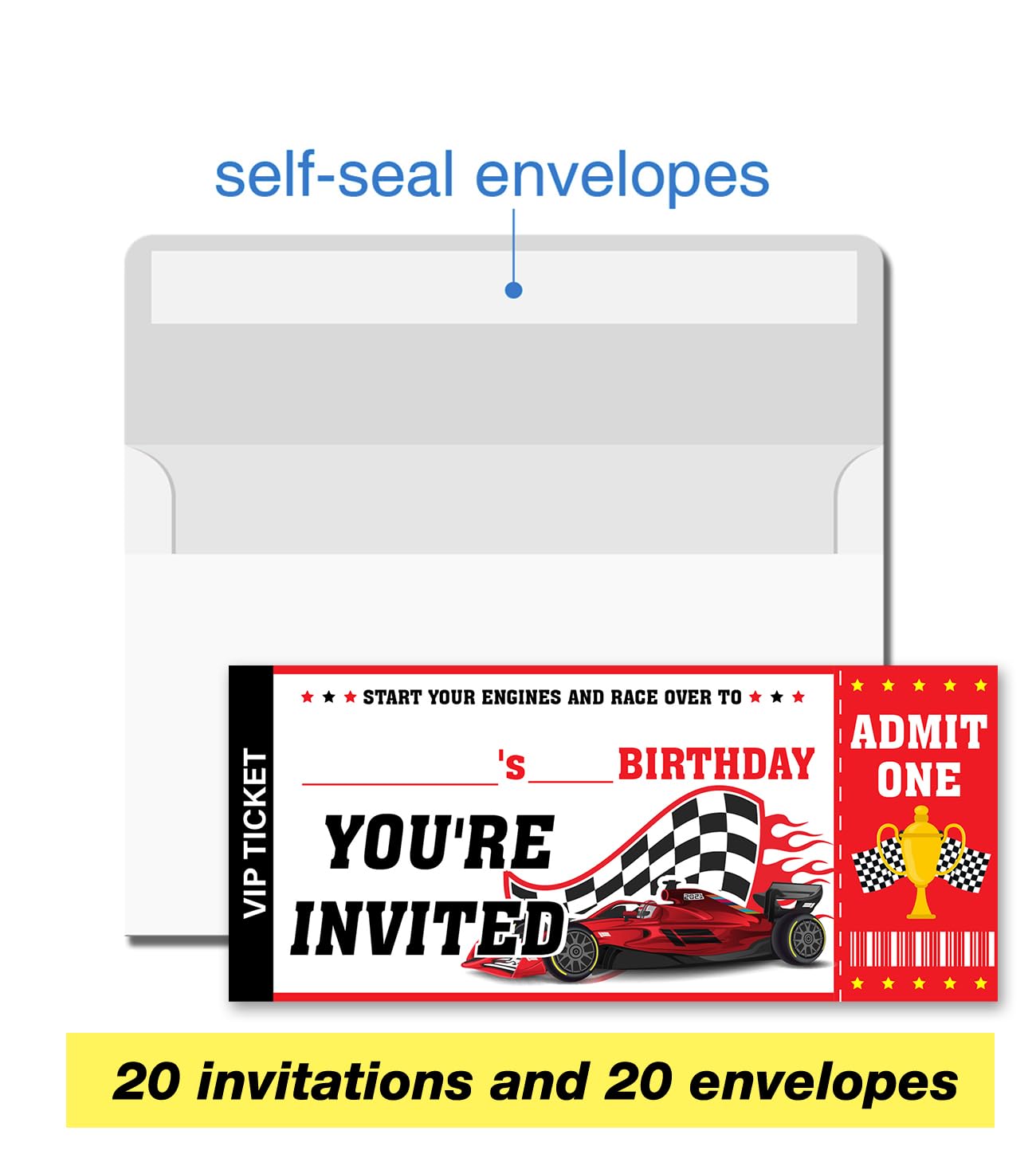 VAHATAN Car Racing Birthday Party Invitations 20 Pack Red Car Racing Ticket Invitations with Envelopes Invites Cards for Birthday Party