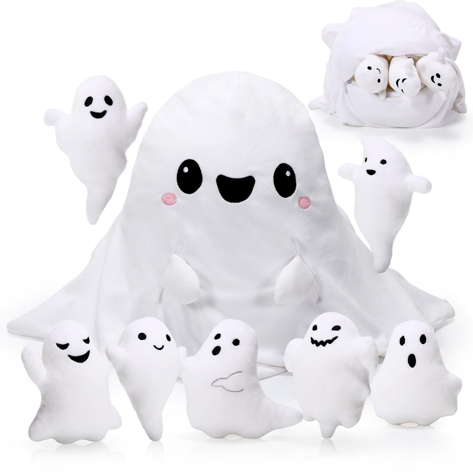 Liliful 16 Inch Ghost Plush Toy Sets Adorable Ghost Stuffed Animal Mommy Pillow with 7 Cute Plush Babies Soft Funny White Ghost Plushies Gift for Christmas Boys Girls Birthday Holiday(Smile)