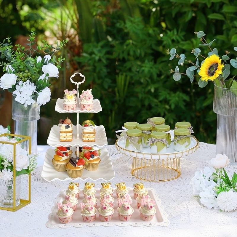 5 Pcs Cupcake Stand Set - Plastic Dessert Table Display Set, 2 White Square 3 Tier Cupcake Display Stands Cookie Tray Rack Serving Tower & 3X 14 in Plastic Trays for Wedding Baby Shower Tea Party