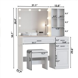 Fameill Vanity Desk with Lighted Mirror & Power Strip,Large Vanity Table with Glass top and Lots Storage,3 Drawer Makeup Desk with Hair Dryer Stand,3 Lighting Modes,White