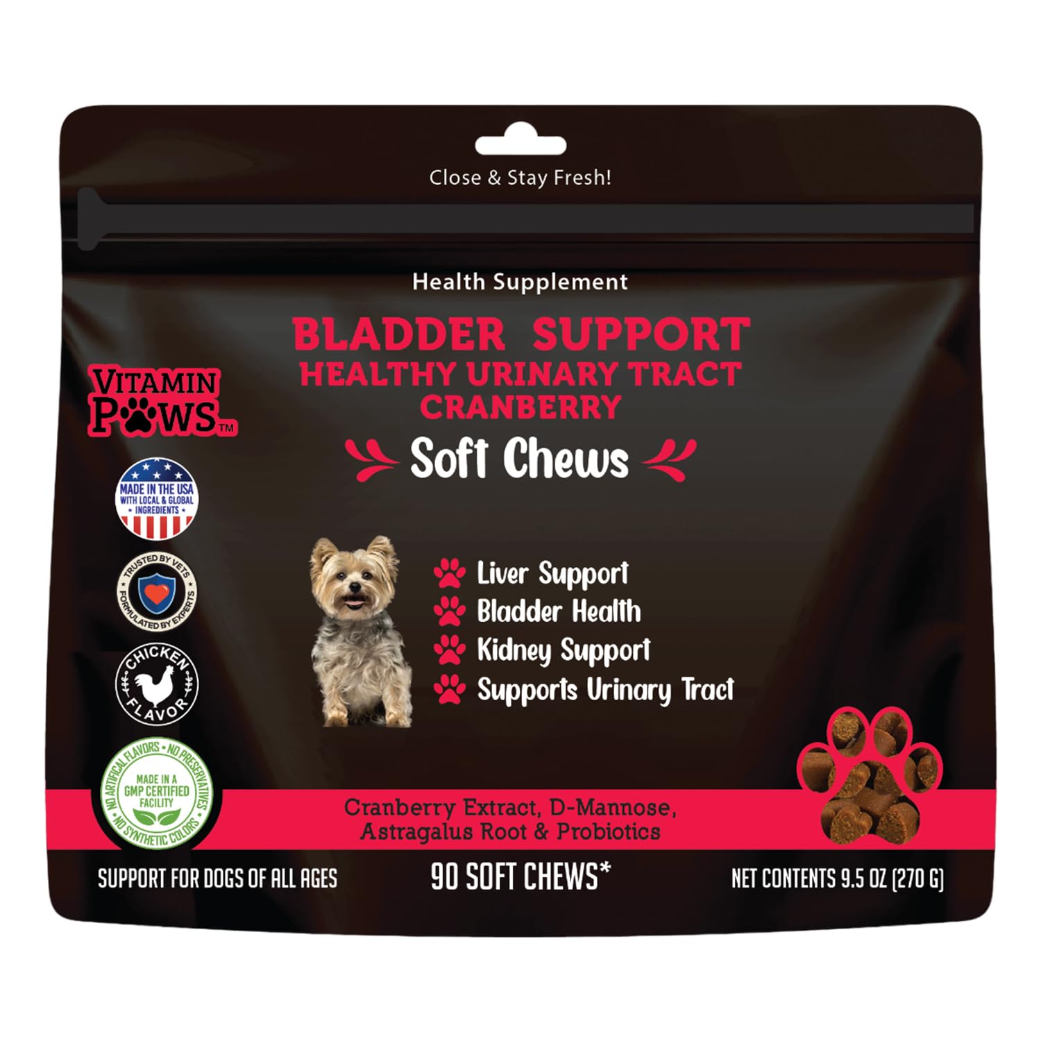 Vitamin Paws Cranberry Supplement for Dogs | Urinary Tract and UTI Support Chews | Incontinence and Bladder Control Nutritional Bites with D Mannose, Marshmallow Root, Probiotics, for Liver, Kidney