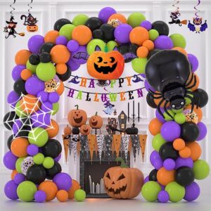 Halloween Latex Balloon Garland Arch Kit-Orange Purple Black Green Confetti balloons with Pumpkin Foil Balloon,Bat foil balloon,Spider web for Halloween party