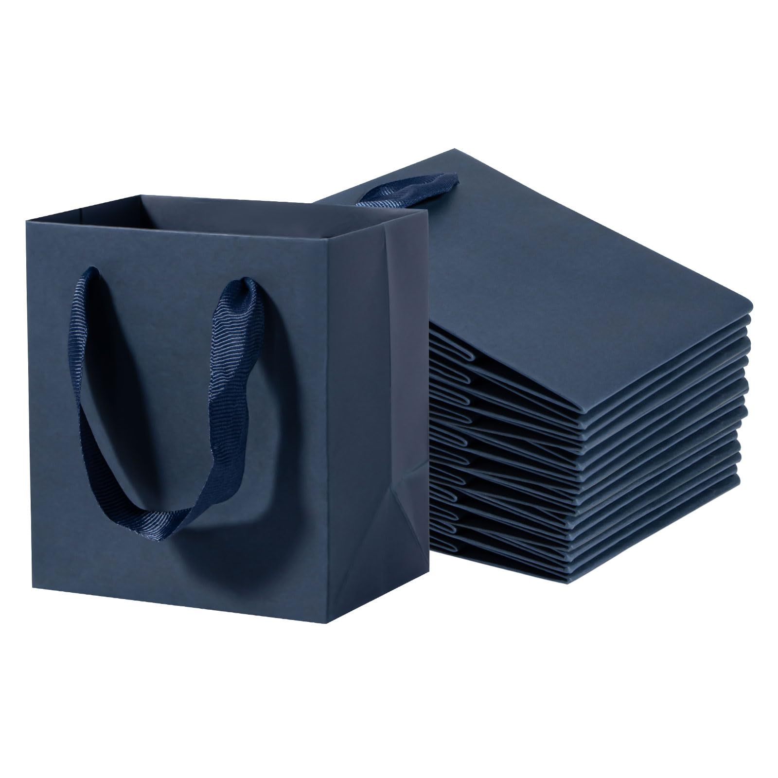 driew Mini Navy Blue Kraft Gift Bags 50 Pcs, 4" x 2.8" x 4.5" Small Gift Bags Bulk Thick Paper with Navy Blue Handles Set for Wedding Party Birthday Gathering Baby Shower