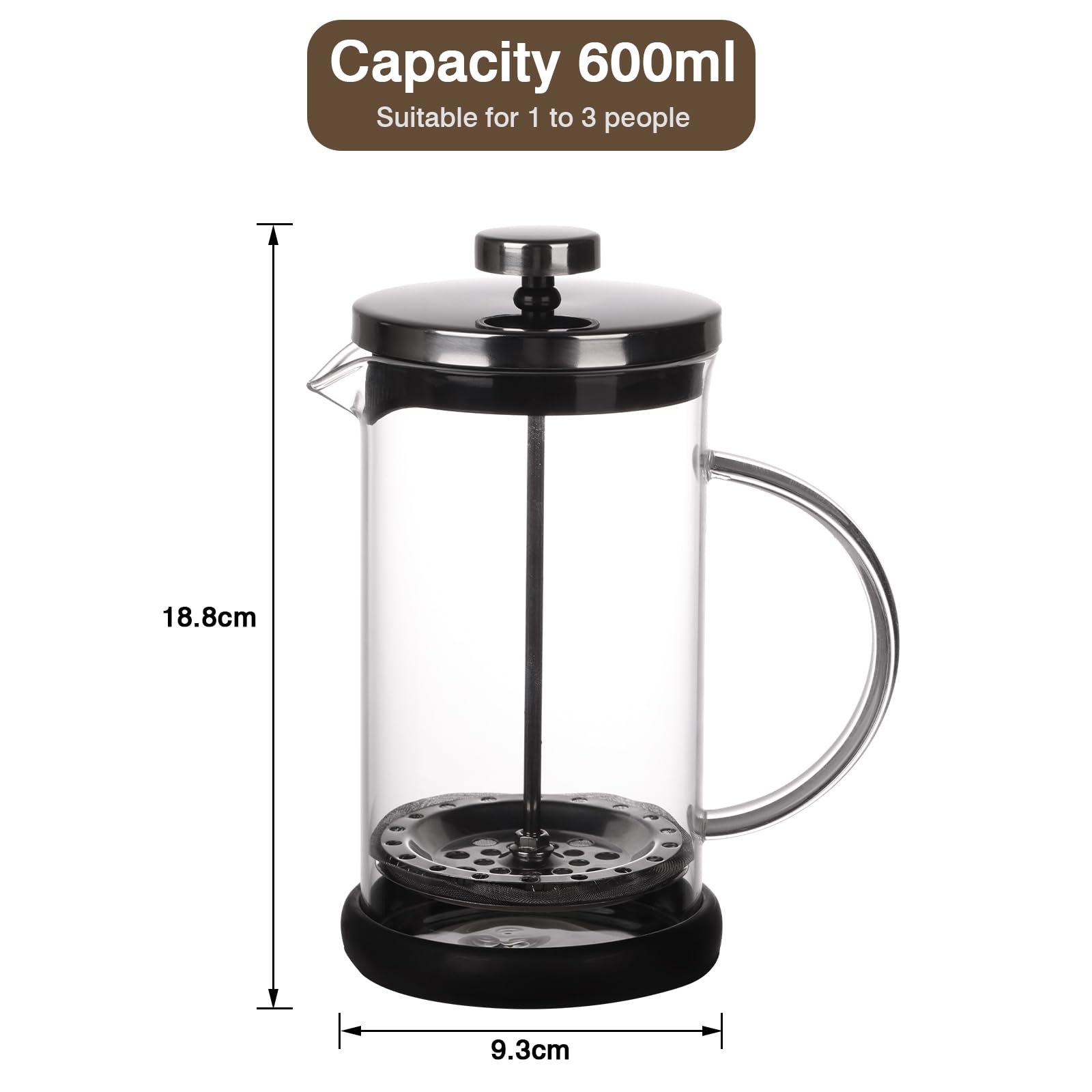 DATEFUN Piston Cafetiere - 5 Cups - 600 ml Cafetiere, French Coffee Jug for Filter, Espresso and Tea Machine with Triple Filters, Dishwasher Safe (Black)