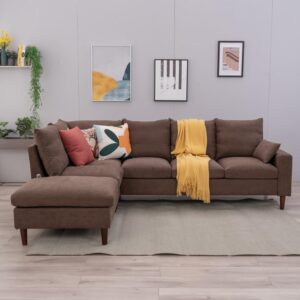 Panana Sectional L Shape Corner Sofas Coch with Left Right Hand Side Built-in USB Charging Port Chaise, Brown