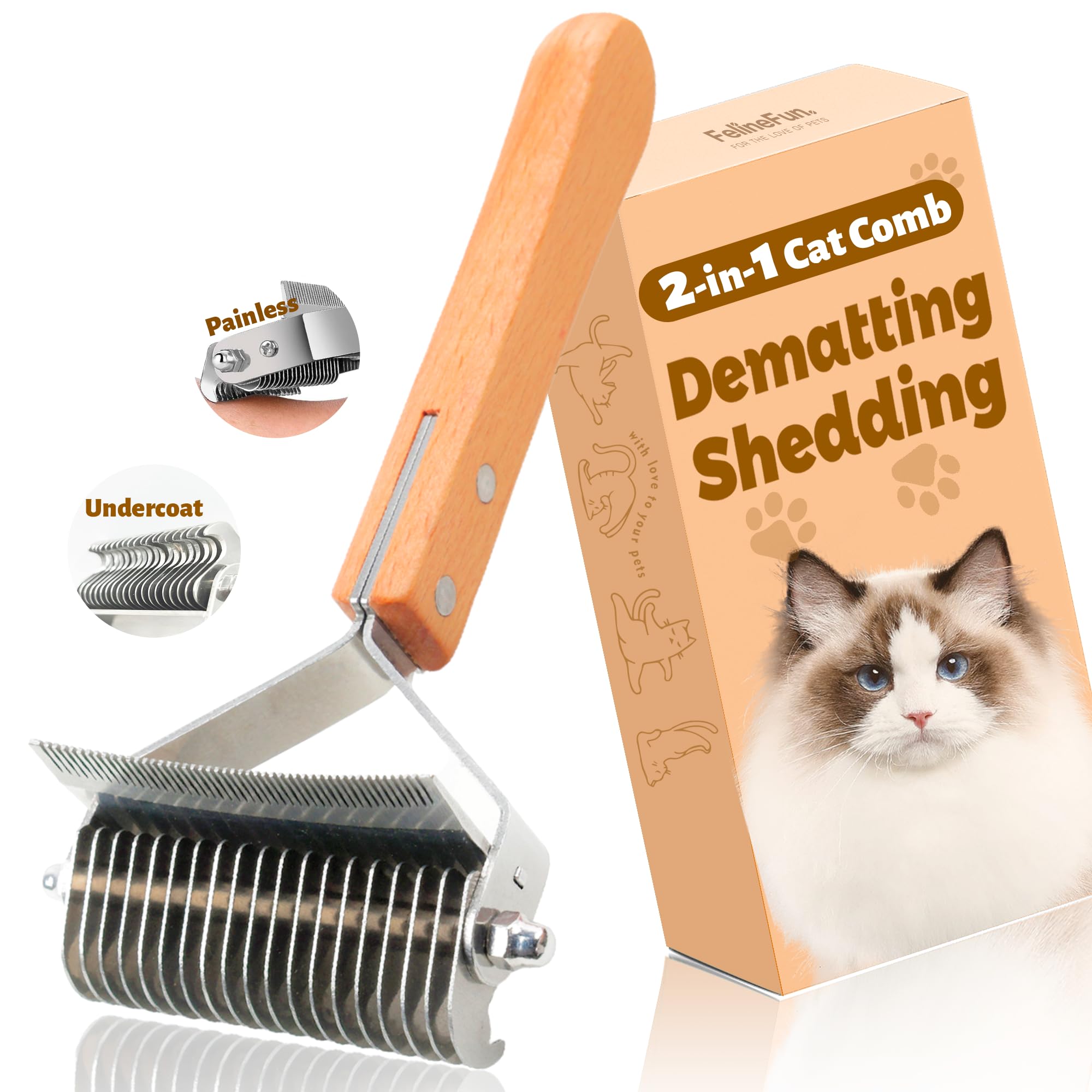 FelineFun Cat Brush for Dematting & Deshedding, 2 in 1 Undercoat Rake, Efficiently Remove Loose Hair & Matted Fur, Professional Shedding Comb for Indoor Cats & Long Haired Cats