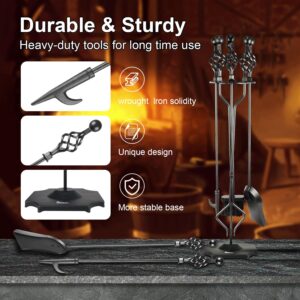 VODA Fireplace Tools Set, 5-Piece Cast Iron 33" Fire Place Set Tools Indoor Fireside Accessories Large Fire Place Tool Set Outdoor Holder Fire Kit with Poker Shovel Tongs Brush, Stand