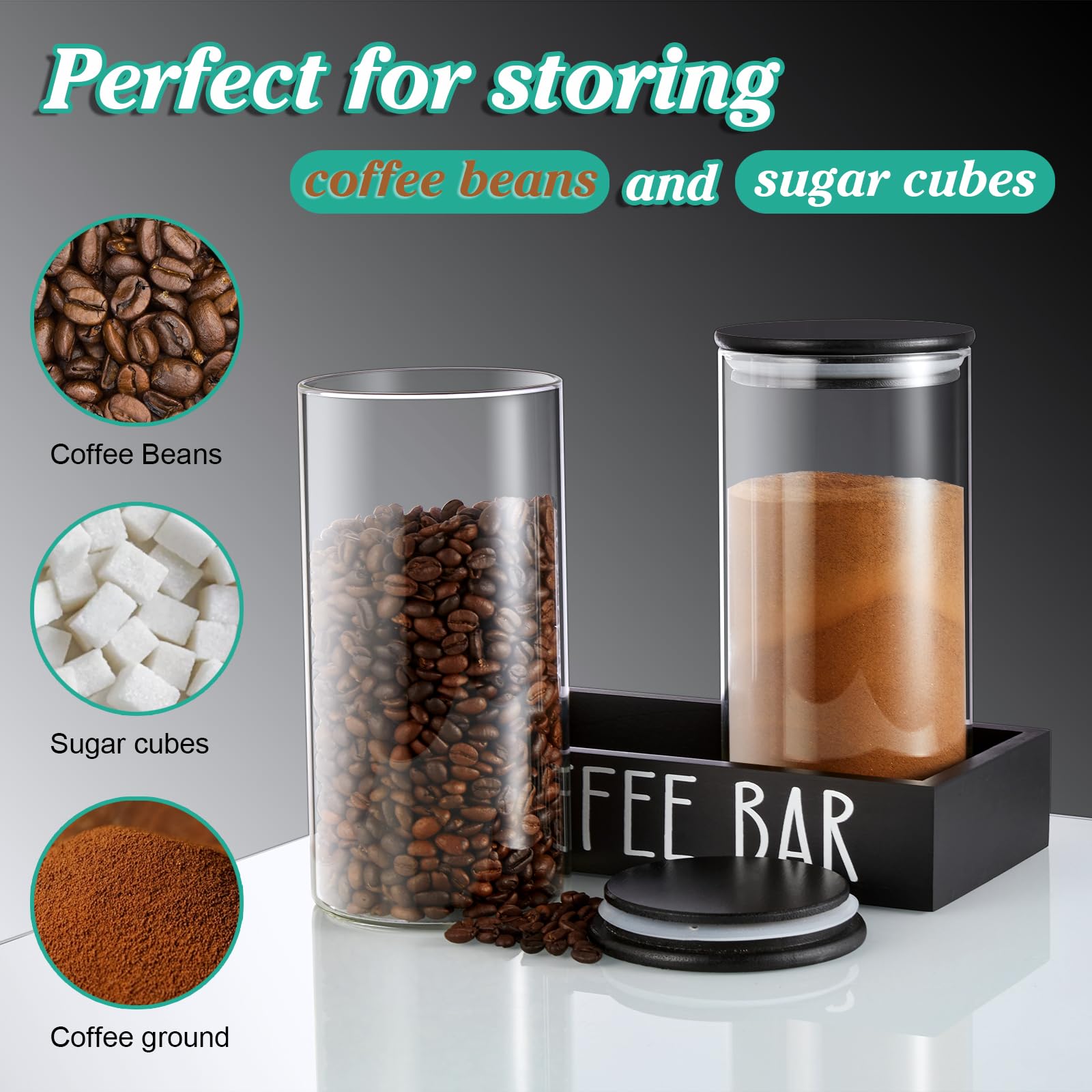 Glass Coffee Canister for Ground Coffee - 2Pcs 45oz Coffee and Sugar Container Set with Airtight Bamboo Lids and Black Tray - Farmhouse Coffee Bean Storage Jars for Coffee Bar Decor and Accessories