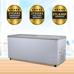 NAFCOOL 20 Cu.Ft Commercial Chest Freezer with LED Light,Temp Rang -8°F and 0°F,Glass Top Display Chest Freezer with 6 Removable Wire Baskets,Sliding Lids, Lock,Caster Wheels, White