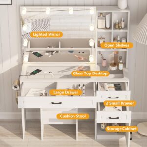 Fameill Vanity Desk with Lighted Mirror & Power Strip,Large Vanity Table with Glass top and Lots Storage,3 Drawer Makeup Desk with Hair Dryer Stand,3 Lighting Modes,White