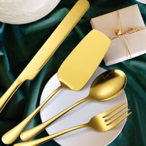 A · HOUSEWARE Gold Serving Utensils Set Stainless Steel Large Silverware 7 Piece Include Big Spoon Fork Cake Server Knife Pizza Spatula Pefect for Buffet Catering Flatware