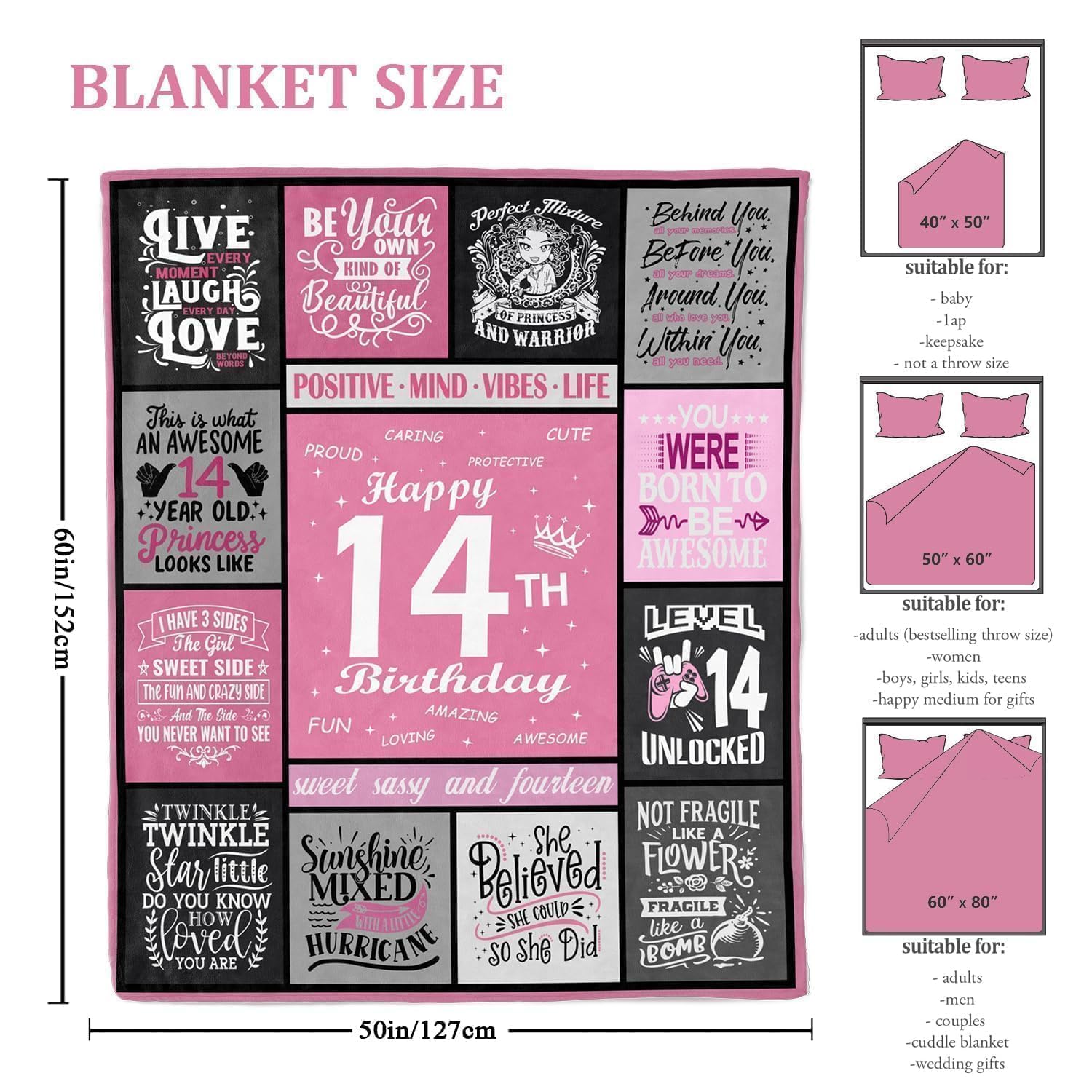 lemzcen 14 Year Old Girl Gifts, 14th Birthday Gifts for Girls, Birthday Gifts for 14 Year Old Girls, 14 Birthday Decorations for Girls, 14 Year Old Girl Birthday Throw Blanket 60”x50”