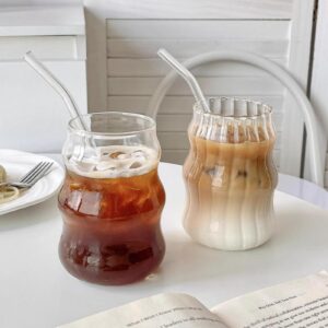 2 Pcs Ribbed Glass Cups, 18 Oz Vintage Drinking Glassware with Wave Shape Design, Bubble Cups for Iced Coffee, Juice, Beverage, Milk, Cocktails, Bubble Tea, and More