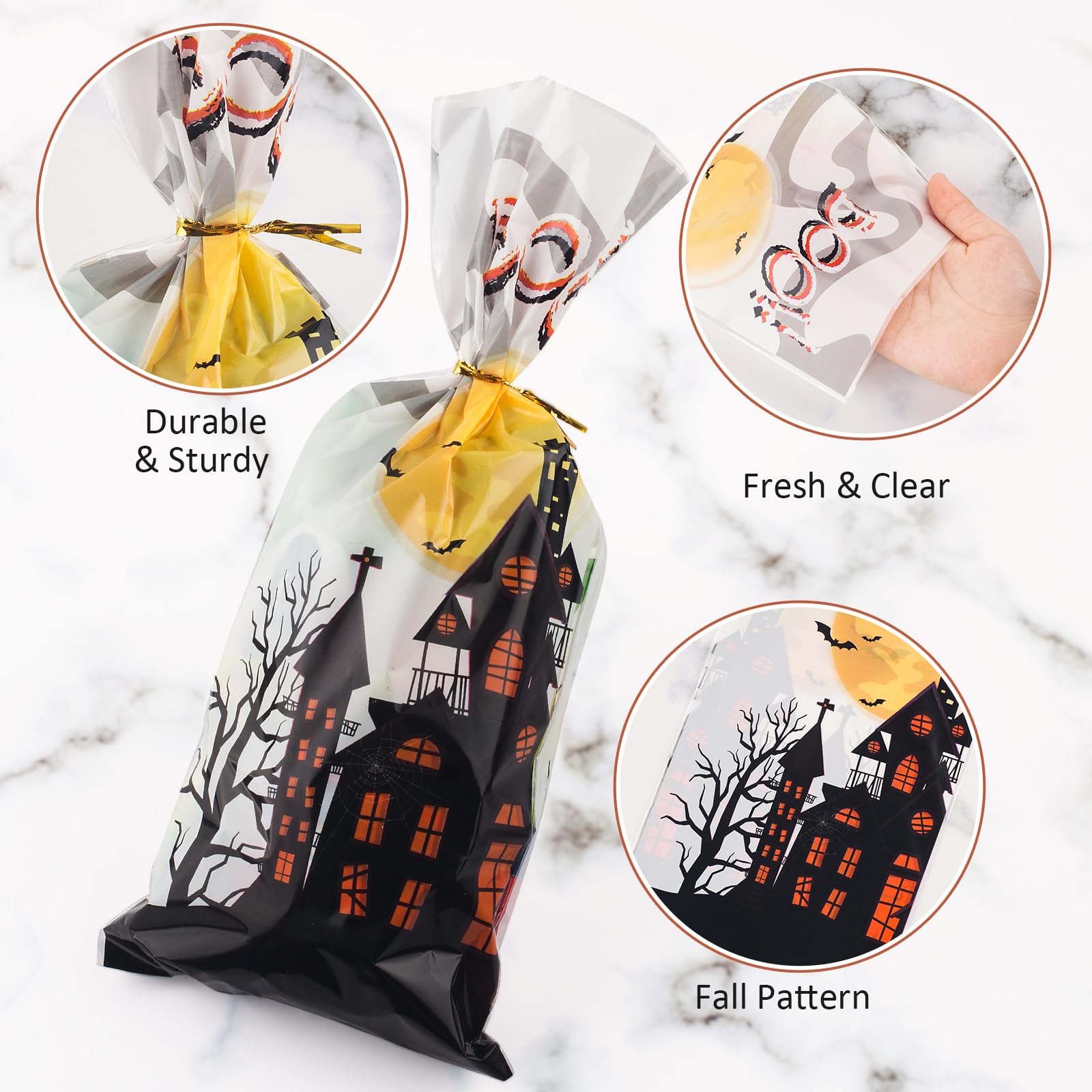 200 PCS Halloween Cellophane Treat Bags, Halloween Goodie Bags with Twist Ties, Halloween Candy Bags for Halloween Party Favors, Trick or Treat, Hallowen Gift Party Supplies