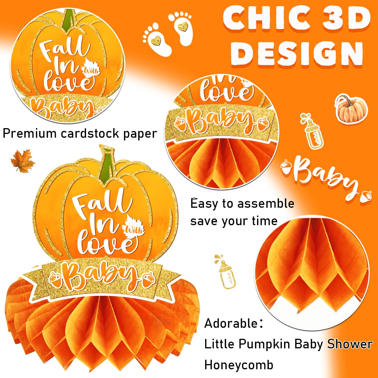 8 PCS Little Pumpkin Baby Shower Decorations Honeycomb Centerpieces Fall Theme Baby Shower Table Decorations Pumpkin Baby Shower Table Toppers for Autumn Thanksgiving Gender Reveal Party Decorations