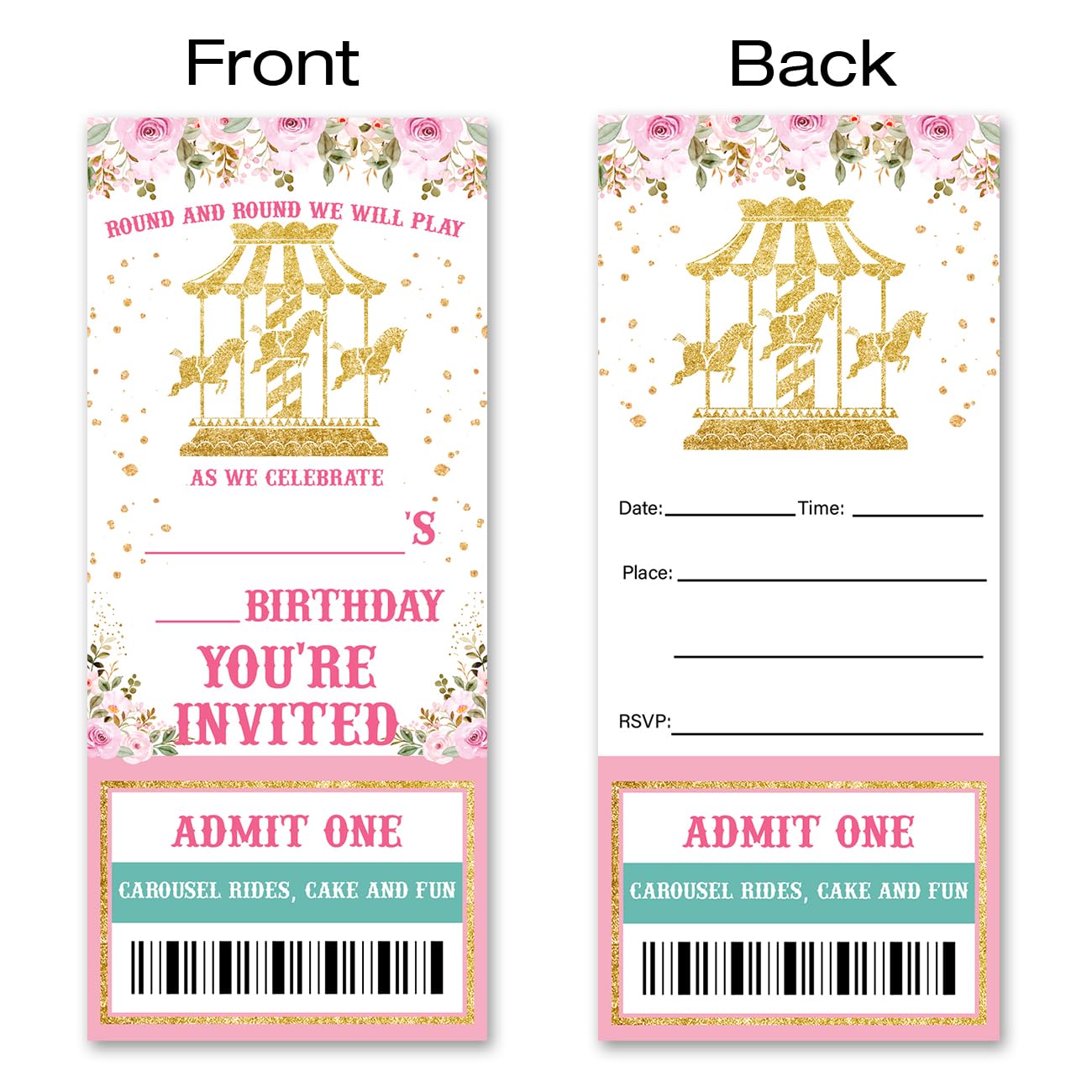 VAHATAN Carousel Birthday Party Invitations 20 Pack Carousel Ticket Invitations with Envelopes Invites Cards for Birthday Party