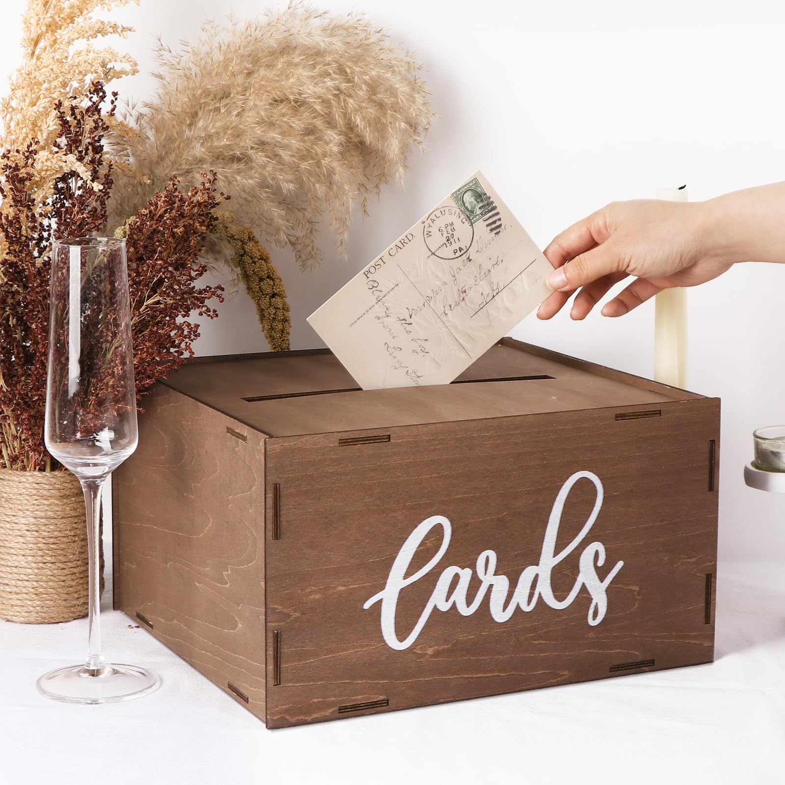 OurWarm Wedding Card Box with Lid, Wood Gift Card Box for Wedding Reception, Rustic Envelope Money Box for Wedding Party Birthday Bridal Shower Baby Shower Graduation Decorations (11.6x10.4x6.5 inch)