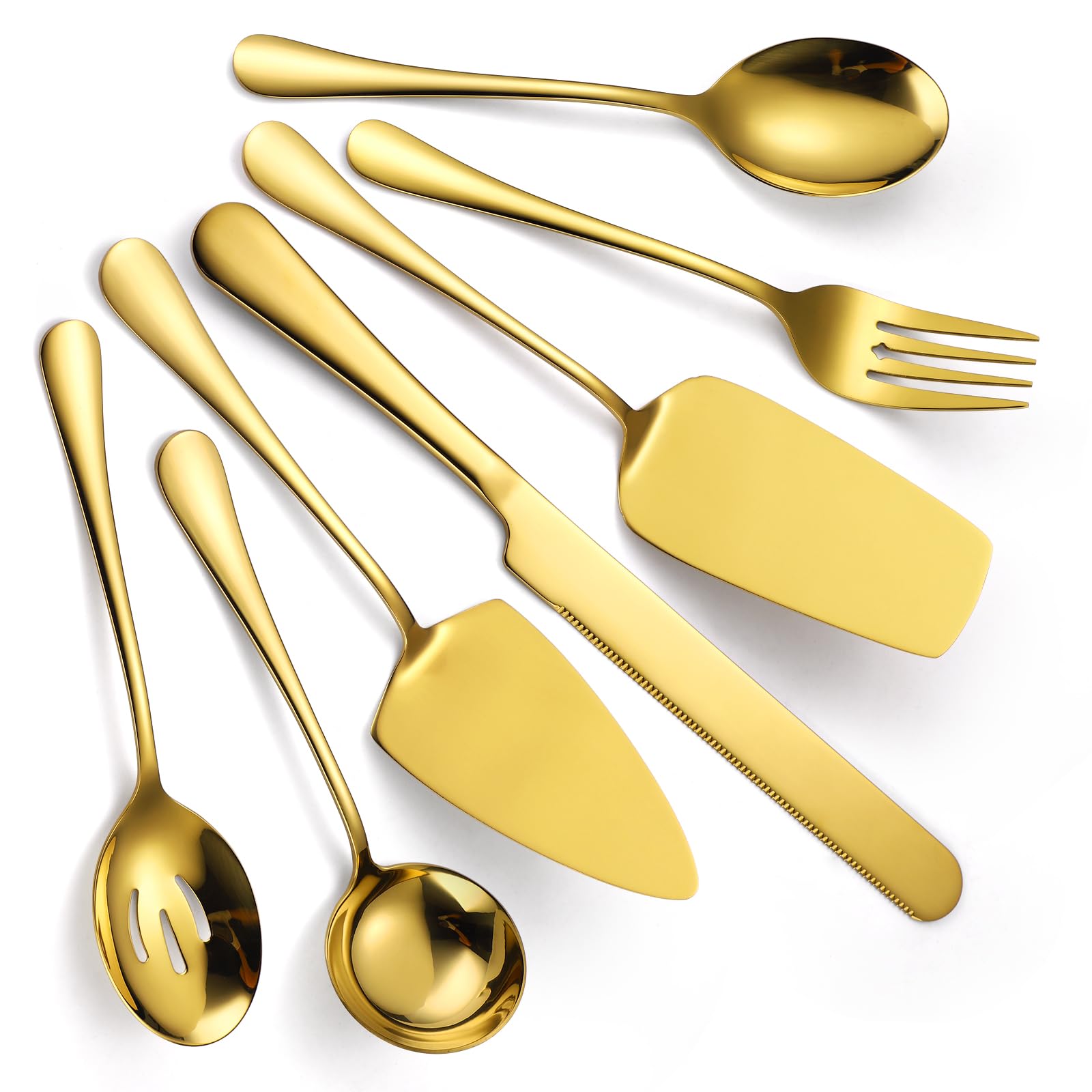 A · HOUSEWARE Gold Serving Utensils Set Stainless Steel Large Silverware 7 Piece Include Big Spoon Fork Cake Server Knife Pizza Spatula Pefect for Buffet Catering Flatware