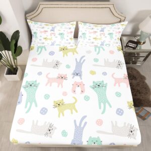 Cat Sheets with Deep Pocket Fitted Sheet Full Size, Cute Kitten Cat Sheet Set Colorful Cat Animals Bed Sheets Set for Kids Toddler Kawaii Pet Cats Bedding Set 4Pcs