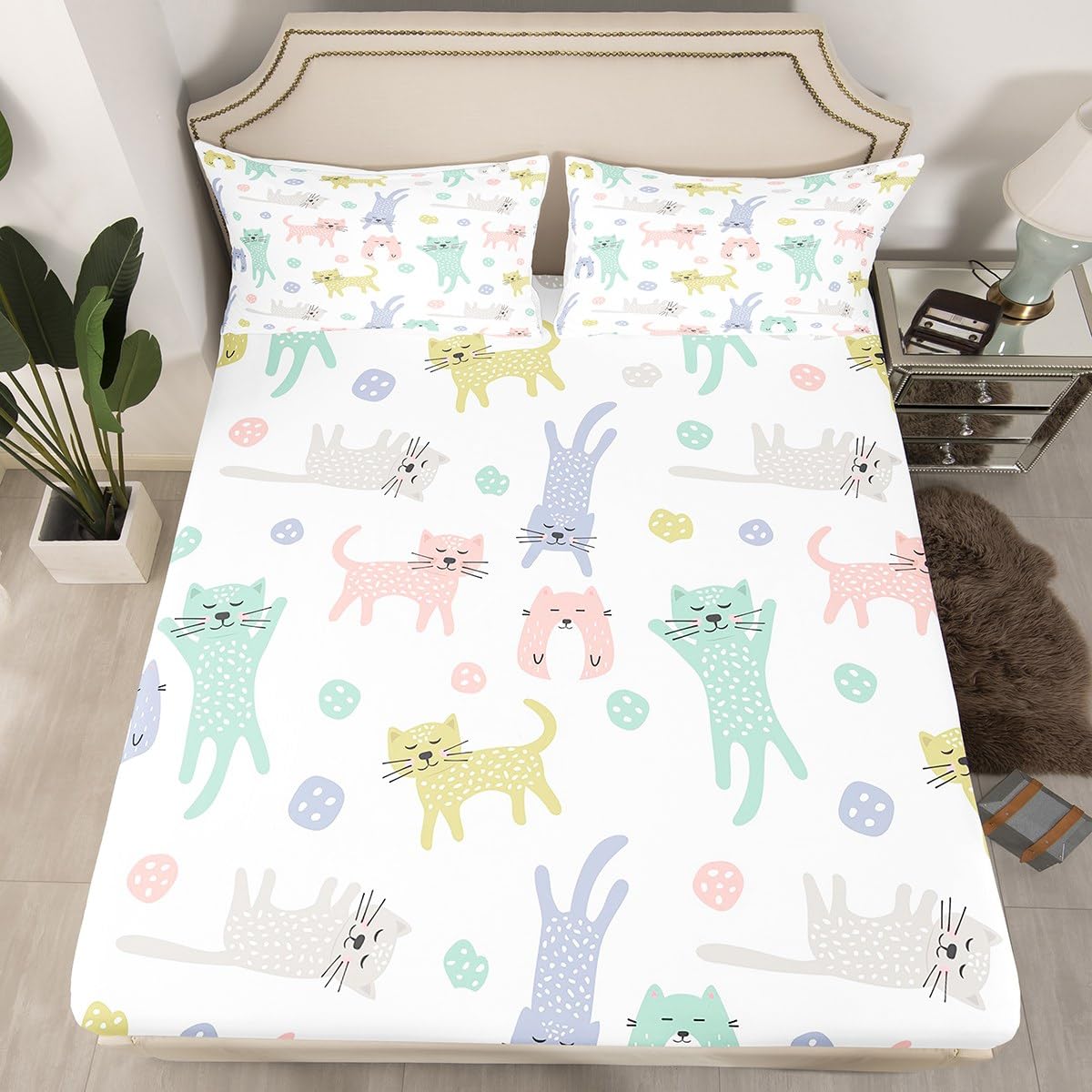 Cat Sheets with Deep Pocket Fitted Sheet Full Size, Cute Kitten Cat Sheet Set Colorful Cat Animals Bed Sheets Set for Kids Toddler Kawaii Pet Cats Bedding Set 4Pcs