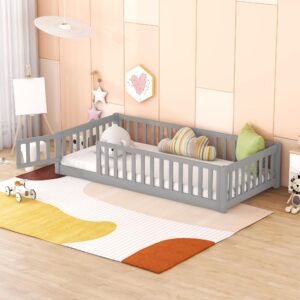 twin size floor bed for kids, montessori floor bed frame with rails and door, wooden floor twin platform bed for kids, boys girls, slats included, no box spring needed (twin, gray)