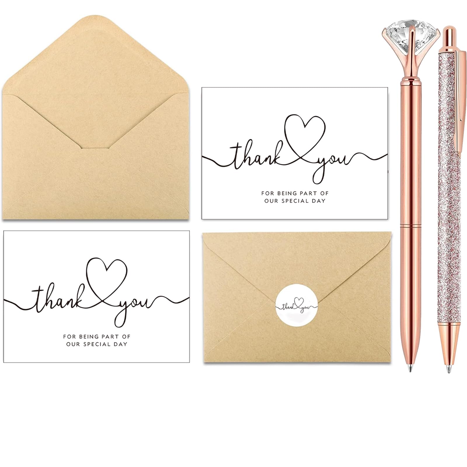 Thank You Cards with Envelopes and Matching Stickers, Wedding Thank You Card Bulk Pack of 40, 4x6 Inch Minimalistic Design Thank You Cards for Wedding, Business, Baby Shower, Bridal Shower (40 Pcs