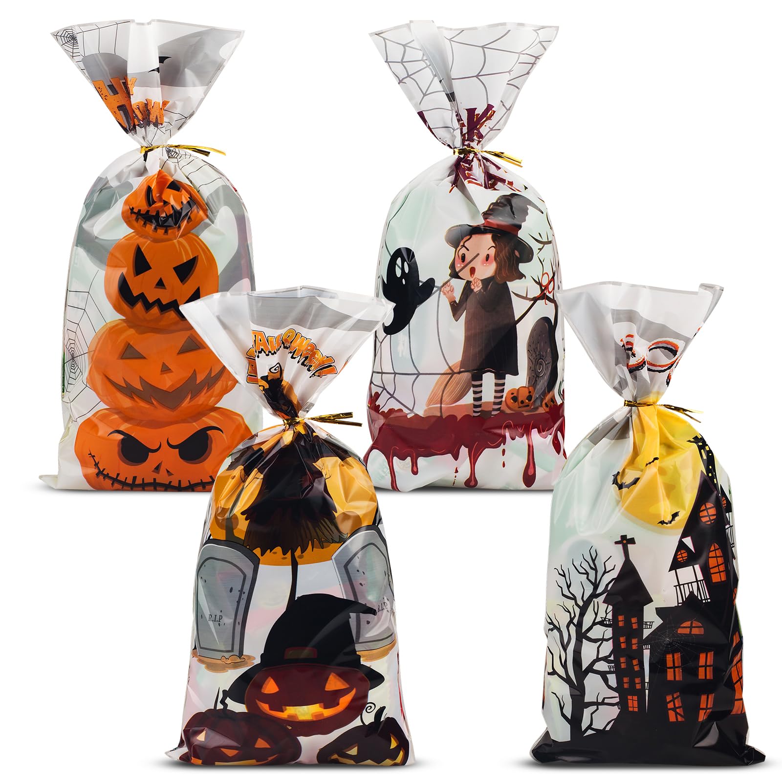 200 PCS Halloween Cellophane Treat Bags, Halloween Goodie Bags with Twist Ties, Halloween Candy Bags for Halloween Party Favors, Trick or Treat, Hallowen Gift Party Supplies