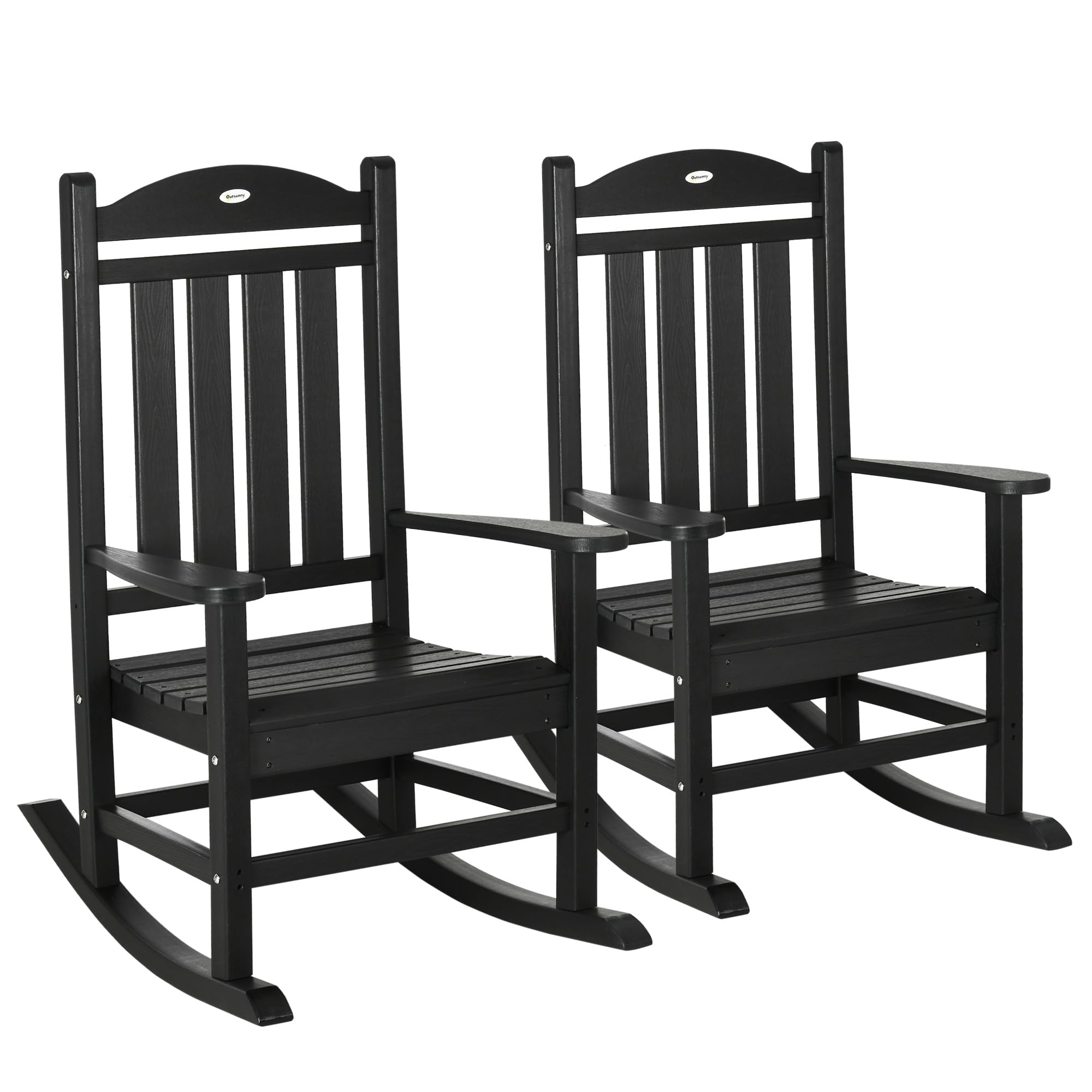 Outsunny 2 Piece Outdoor Rocking Chair Set, HDPE Rocking Patio Chairs with Rustic High Back, Armrests, Oversized Seat and Slatted Backrest, 350lbs Weight Capacity, Black