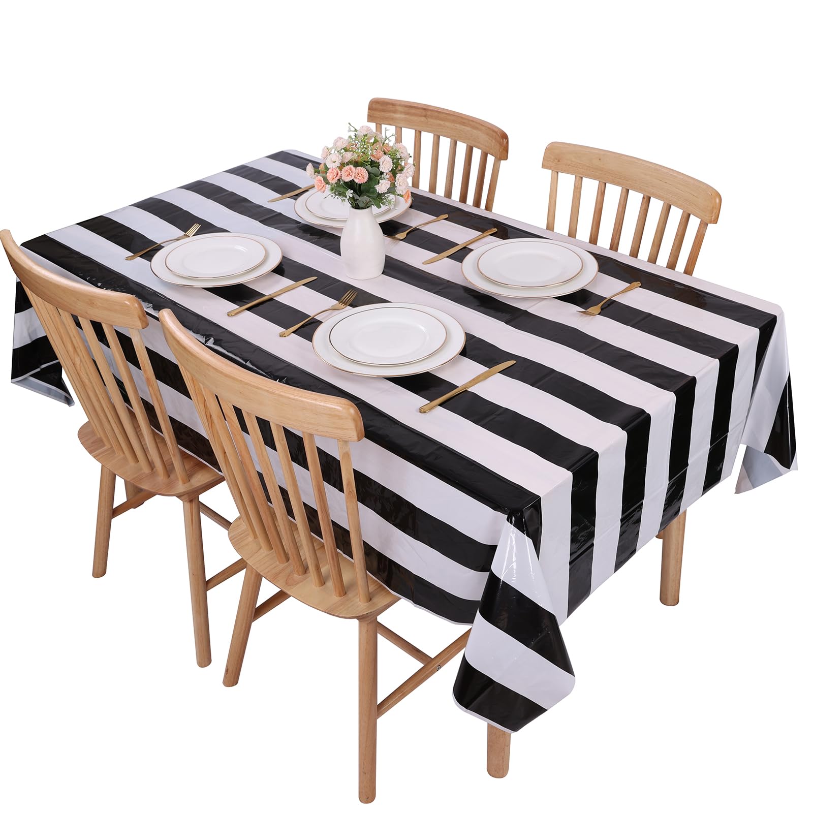 Kesfey 3 Packs Black and White Vertical Striped Tablecloth 54 x 108 Inch Geometric Black Stripe Table Cloths Disposable Plastic Stripe Table Covers Waterproof Picnic Tablecover for Camping Party