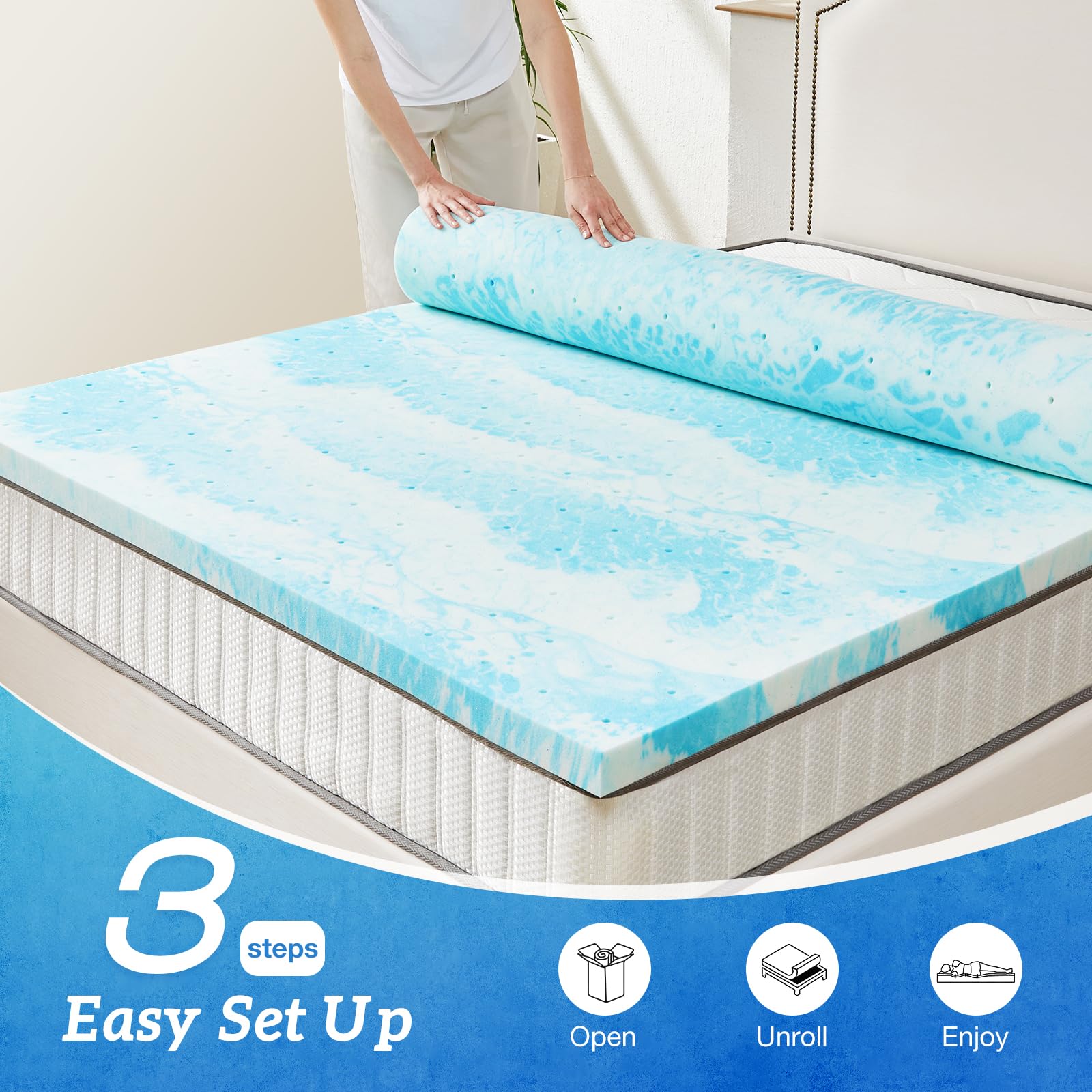 Mattress Topper Full - 3 Inch Memory Foam Cooling Gel Swirl Infused Bed Topper for Back Pain, CertiPUR-US Certified