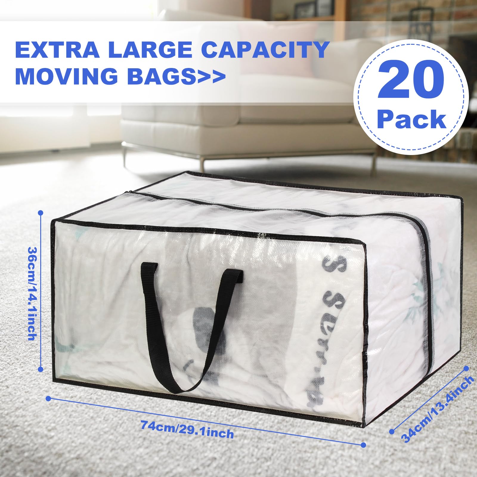 Clear Moving Bags - 20 Pack Extra Large Heavy Duty Storage Bags With Zipper & Reinforce Handles | 29x14x13 Inch Moving Tote Bags Bulk For Clothing, Shoes, Travel