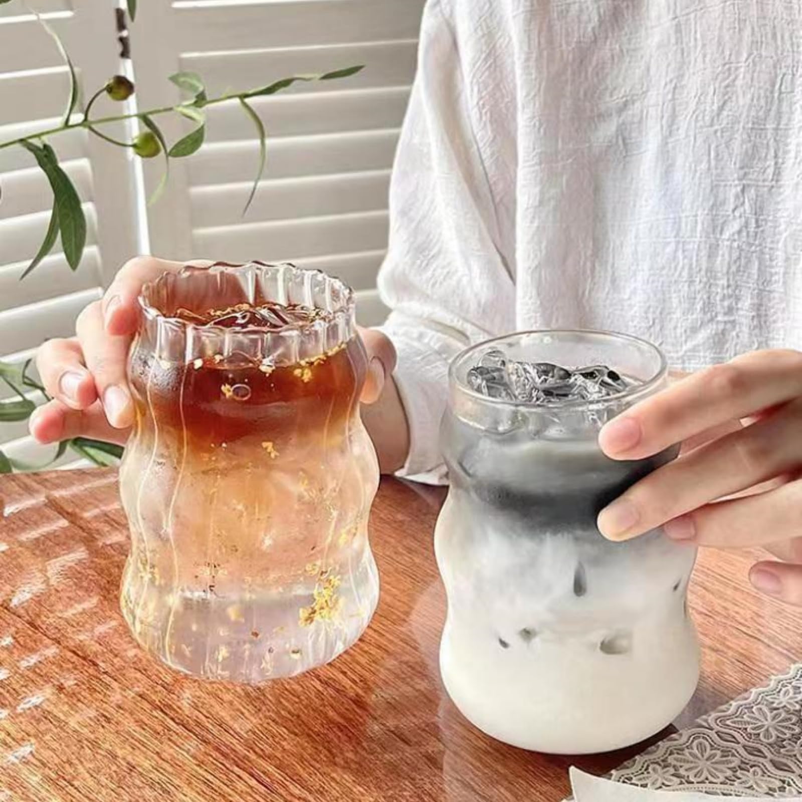 2 Pcs Ribbed Glass Cups, 18 Oz Vintage Drinking Glassware with Wave Shape Design, Bubble Cups for Iced Coffee, Juice, Beverage, Milk, Cocktails, Bubble Tea, and More