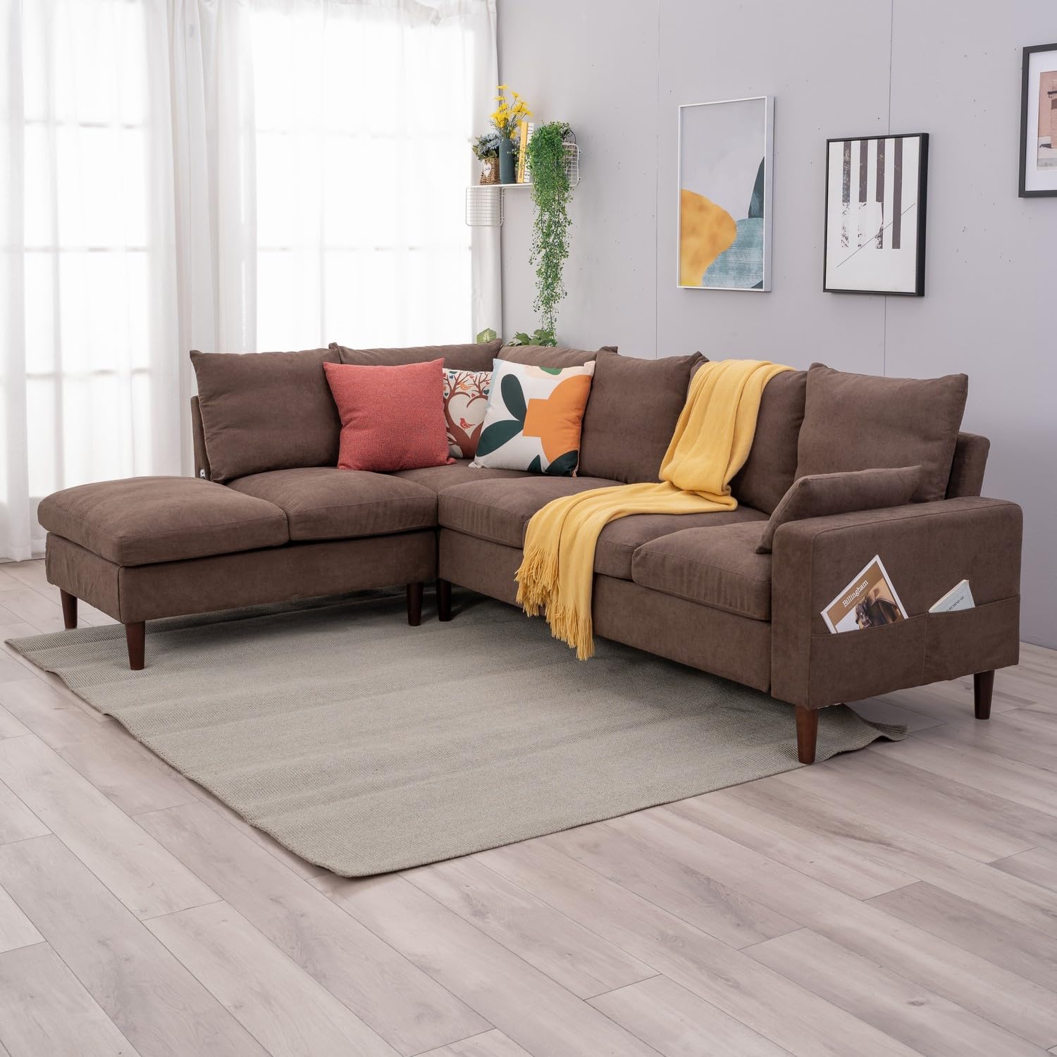 Panana Sectional L Shape Corner Sofas Coch with Left Right Hand Side Built-in USB Charging Port Chaise, Brown