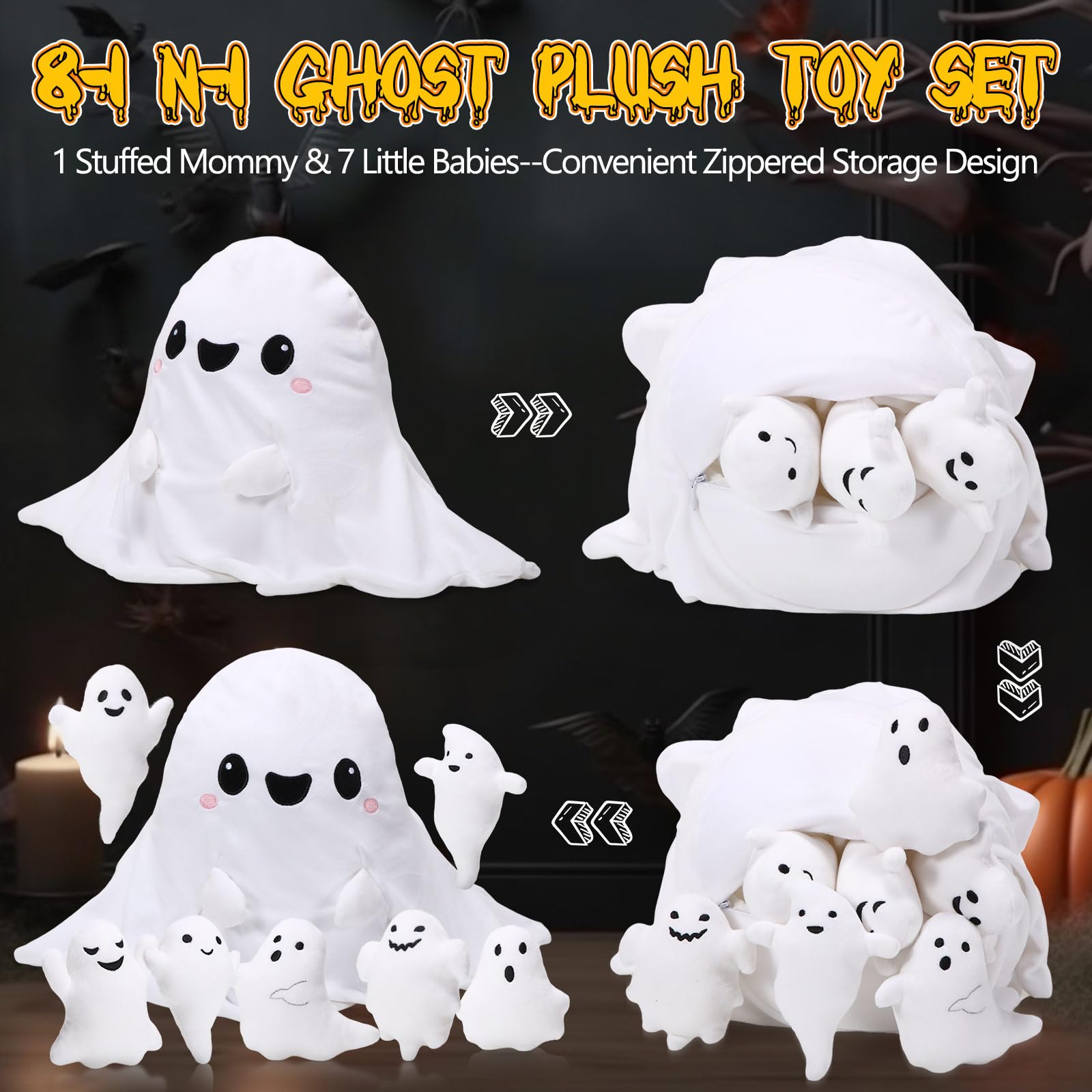 Liliful 16 Inch Ghost Plush Toy Sets Adorable Ghost Stuffed Animal Mommy Pillow with 7 Cute Plush Babies Soft Funny White Ghost Plushies Gift for Christmas Boys Girls Birthday Holiday(Smile)