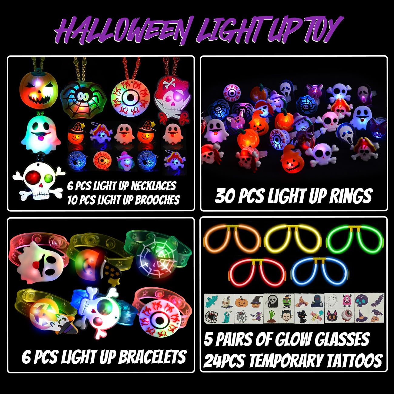 WUYEE 80PCS Halloween Party Favors for Kids, Glow in The Dark Halloween Toys Light Up Rings, Halloween Goodie Bag Fillers for Non Candy Halloween Treats Party Supplies Trick or Treat