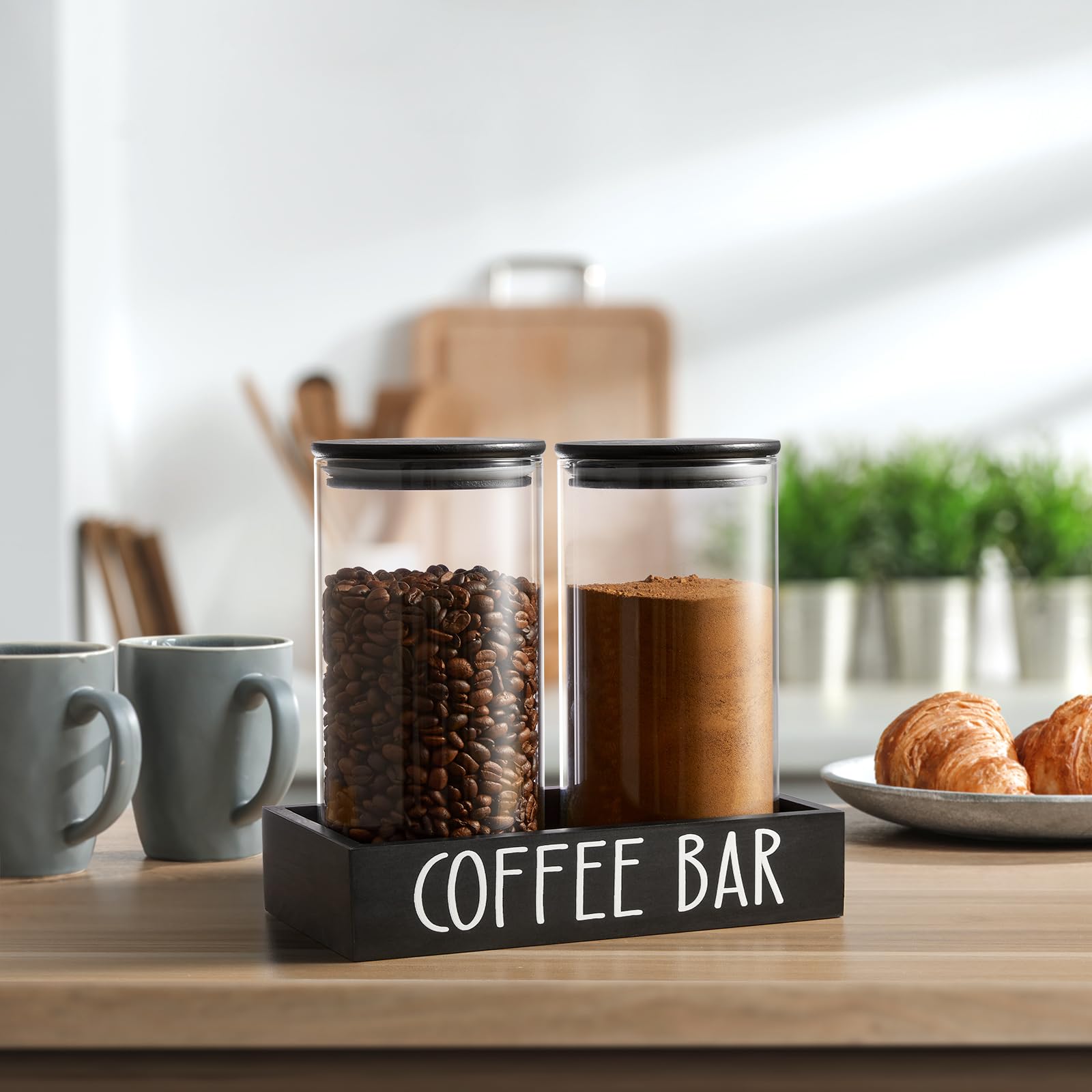 Glass Coffee Canister for Ground Coffee - 2Pcs 45oz Coffee and Sugar Container Set with Airtight Bamboo Lids and Black Tray - Farmhouse Coffee Bean Storage Jars for Coffee Bar Decor and Accessories