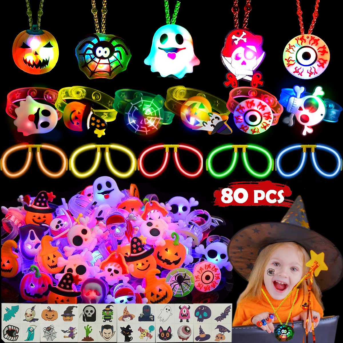 WUYEE 80PCS Halloween Party Favors for Kids, Glow in The Dark Halloween Toys Light Up Rings, Halloween Goodie Bag Fillers for Non Candy Halloween Treats Party Supplies Trick or Treat