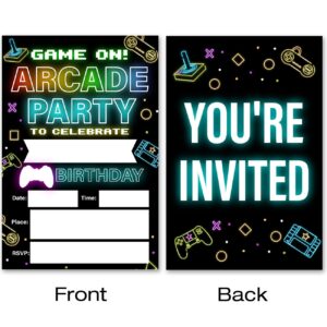 VAHATAN Arcade Party Birthday Invitations 20 Packs Neon Glow Retro Video Gaming Arcade Invites with Envelopes