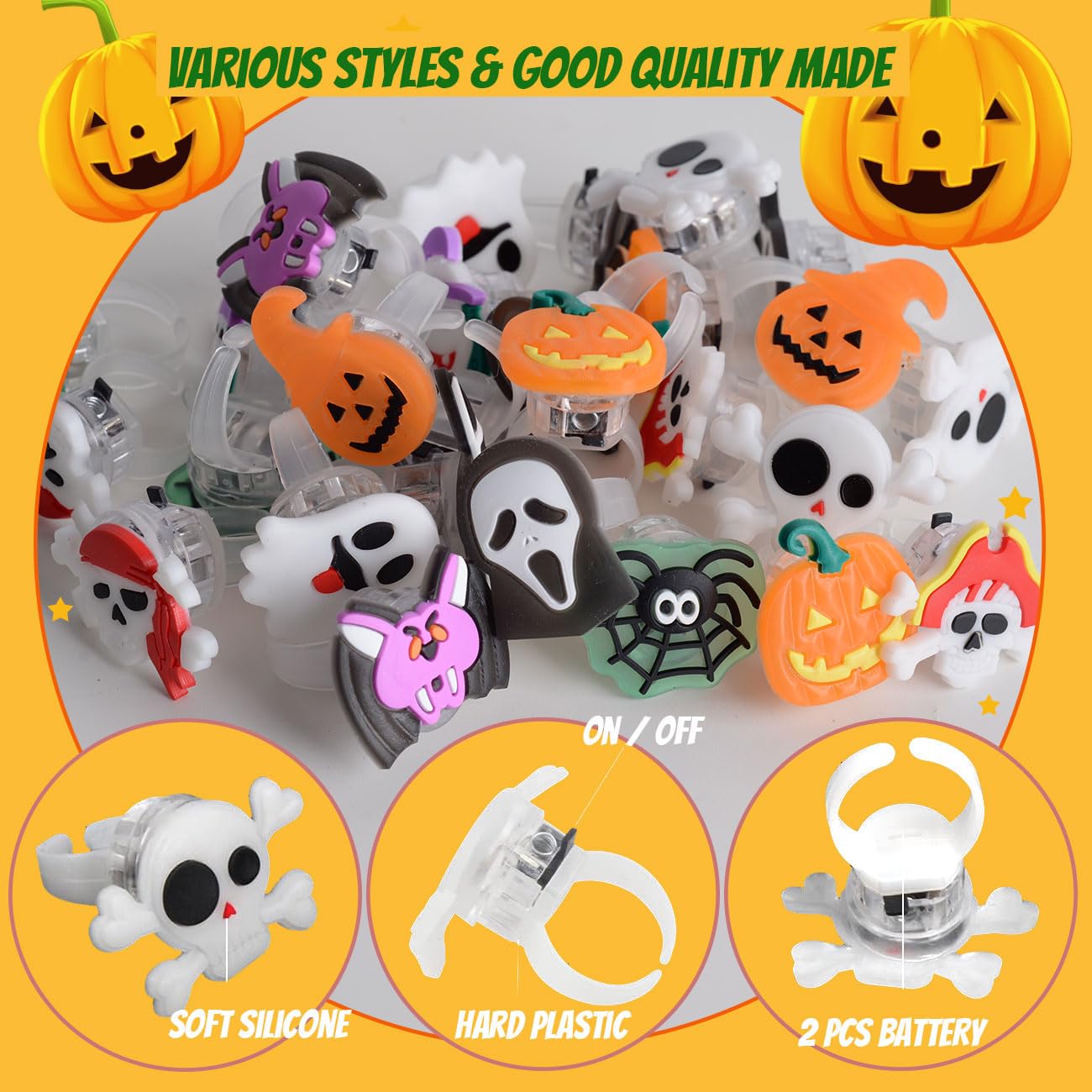 WUYEE 80PCS Halloween Party Favors for Kids, Glow in The Dark Halloween Toys Light Up Rings, Halloween Goodie Bag Fillers for Non Candy Halloween Treats Party Supplies Trick or Treat