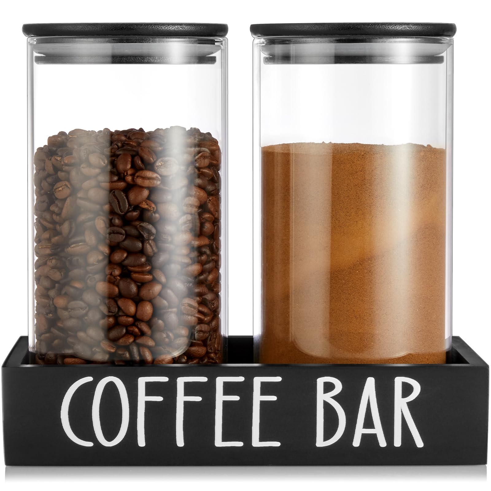 Glass Coffee Canister for Ground Coffee - 2Pcs 45oz Coffee and Sugar Container Set with Airtight Bamboo Lids and Black Tray - Farmhouse Coffee Bean Storage Jars for Coffee Bar Decor and Accessories