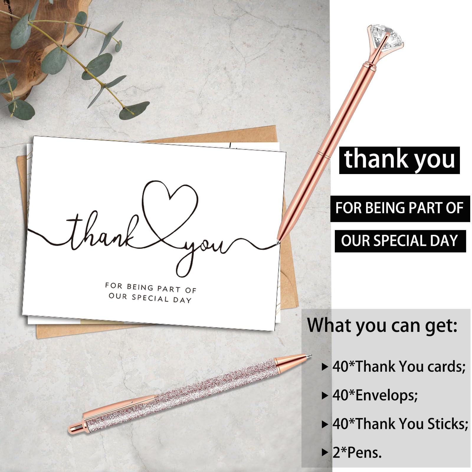 Thank You Cards with Envelopes and Matching Stickers, Wedding Thank You Card Bulk Pack of 40, 4x6 Inch Minimalistic Design Thank You Cards for Wedding, Business, Baby Shower, Bridal Shower (40 Pcs