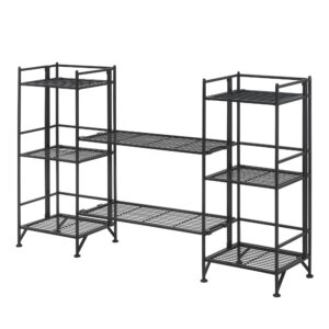 convenience concepts xtra storage 3 tier folding metal shelves with set of 2 extension shelves - organizer for living room, office, bedroom, garage, kitchen, bathroom, black