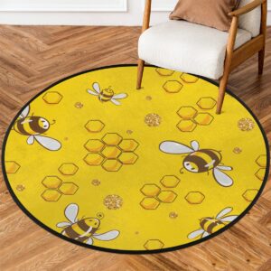 30x30 inch round area rug cute yellow bee large circle rugs non-slip soft indoor throw rugs washable floor mat carpet for bedroom living room sofa nursery kids playroom decor