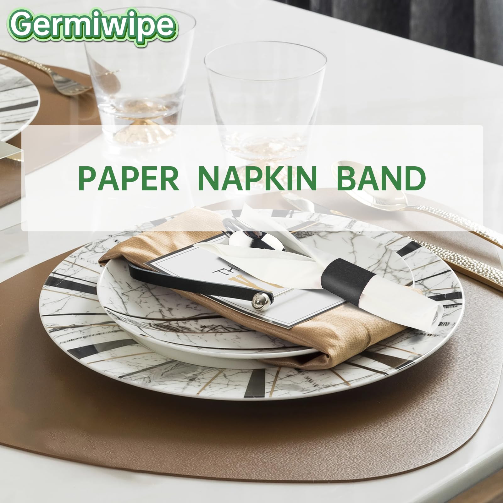 Germiwipe (Box of 500 Black) Paper Napkin Band Self Adhesive, Paper Napkin Rings Self Adhesive,Silverware Wraps Bands, GENB500BK