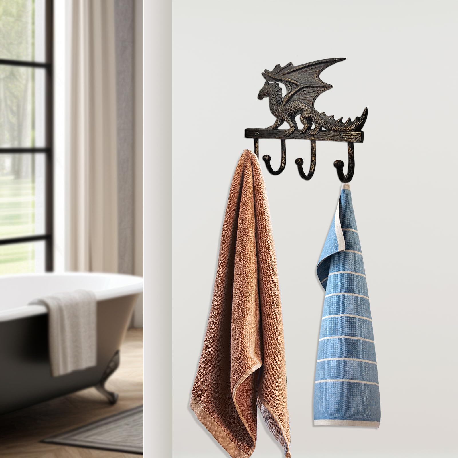 CatchDragon Cast Iron Coat Racks Wall Mounted-3/4 Hooks, Dragon Decorative Wall Hooks for Hanging Coats Towels Hats Keys (dragon-3-anti Gold)