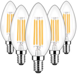 5 pack c35 4watt led candelabra bulbs equivalent to 40w incandescent bulbs,3000k warm white 500 lumens,b11 candelabra light bulbs, e12 dimmable filament clear glass candle lamp for home decor