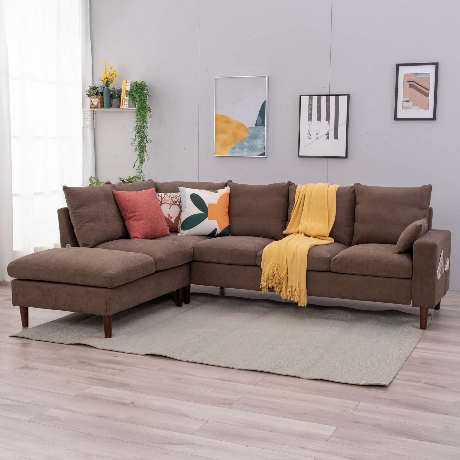 Panana Sectional L Shape Corner Sofas Coch with Left Right Hand Side Built-in USB Charging Port Chaise, Brown