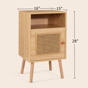 KROFEM Modern Mid Century Boho Rattan Cane Nightstand Set of 2, End Table with Open Storage, Solid Wood Legs, Bedroom Night Stand, Natural, Clearance