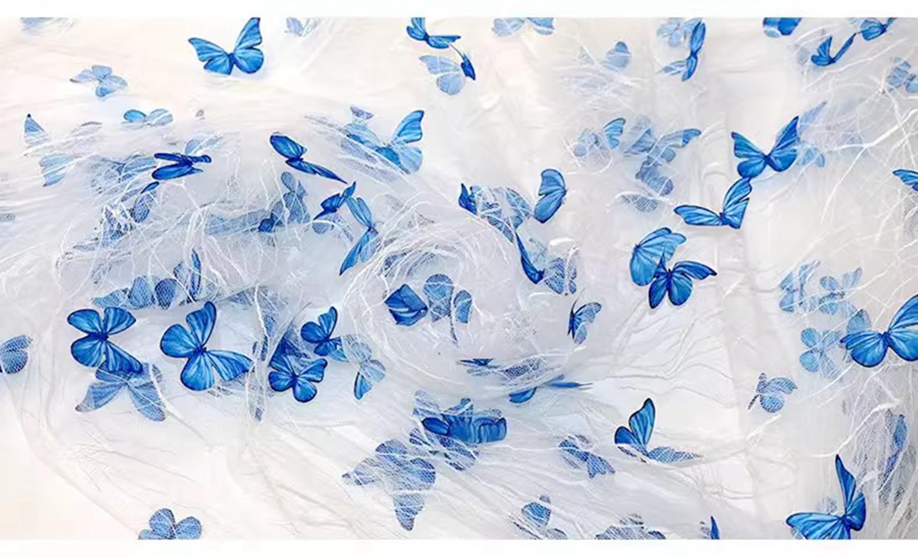 2Yards White mesh Blue Fantasy Butterfly Embroidery Lace White Mesh Fabric DIY Beautiful Creative Skirt Dress Decoration Fabric(White)