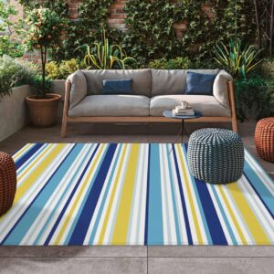 Blue Yellow Striped Outdoor Rug for Patio/Deck/Porch, Non-Slip Large Area Rug 4 x 6 Ft, Farmhouse Navy Blue Ombre Stripes Indoor Outdoor Rugs Washable Area Rugs, Reversible Camping Rug Carpet Runner